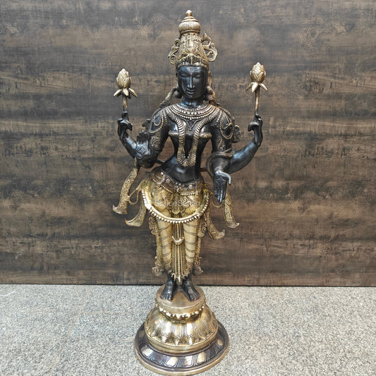 Brass Goddess Lakshmi Statue Antique Patina Finish 38 Inches