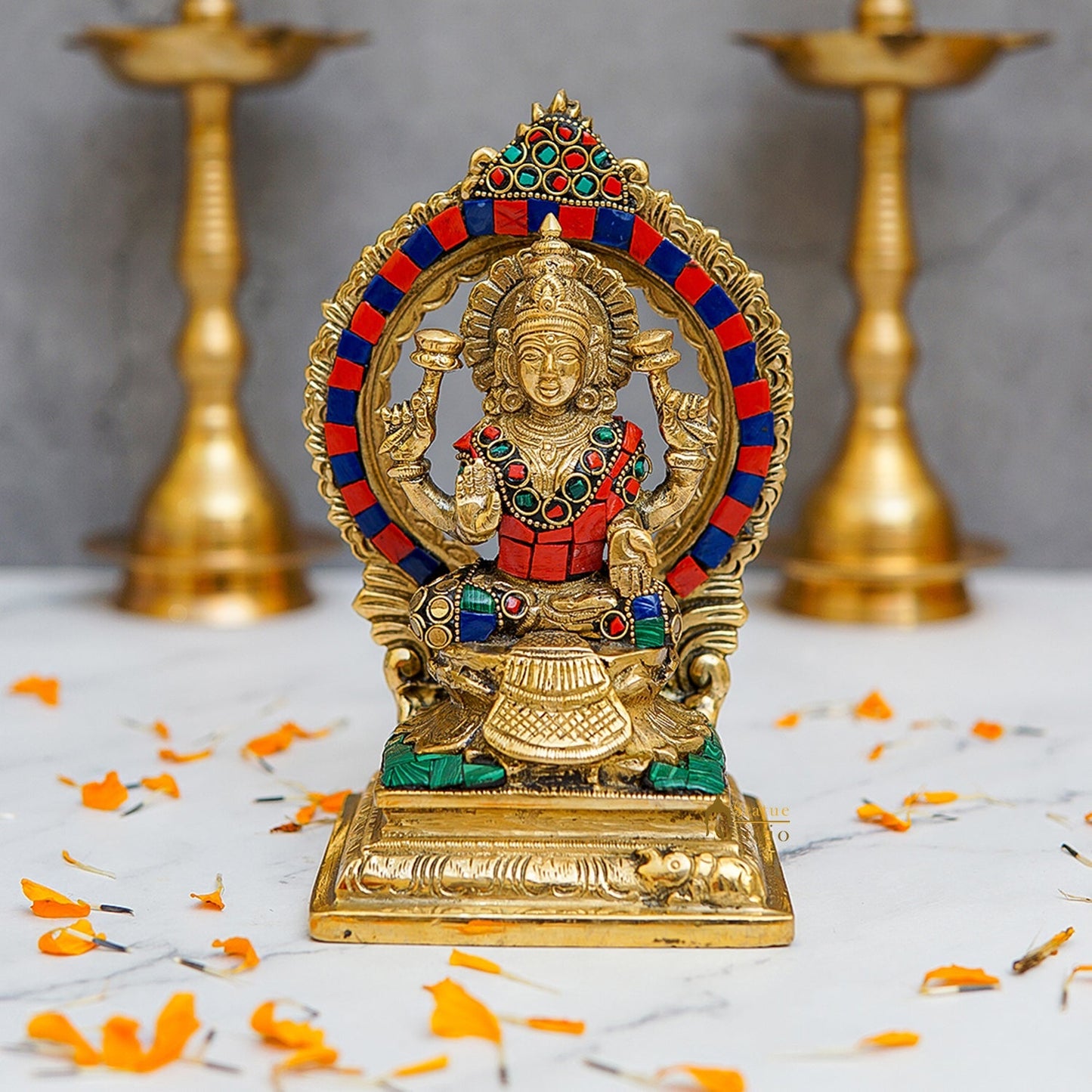 Brass Goddess Lakshmi Statue Stone Work 7 Inch