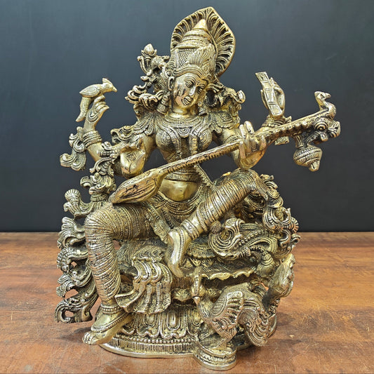 Brass Goddess Saraswati Idol Divine Sculpture 16 Inches
