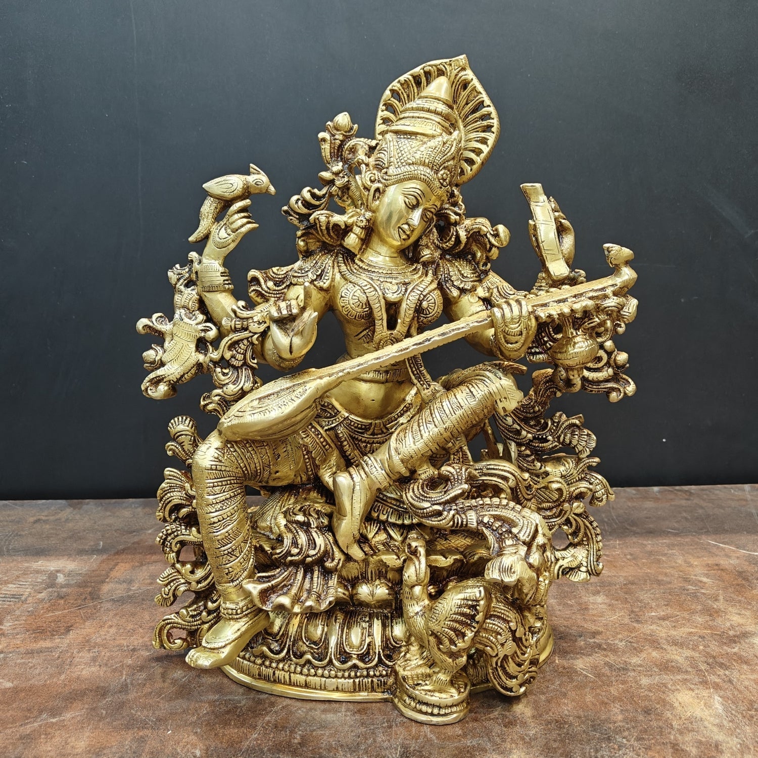 Brass Goddess Saraswati Idol Divine Sculpture Golden Finish 16 Inch - Eco-friendly - Sama Homes