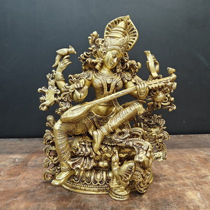 Brass Goddess Saraswati Idol Divine Sculpture Golden Finish 16 Inch by vendor-unknown - Hindu Gods
