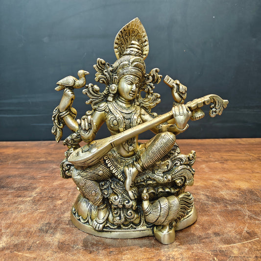 Brass Goddess Saraswati Idol Playing Veena 11 Inches