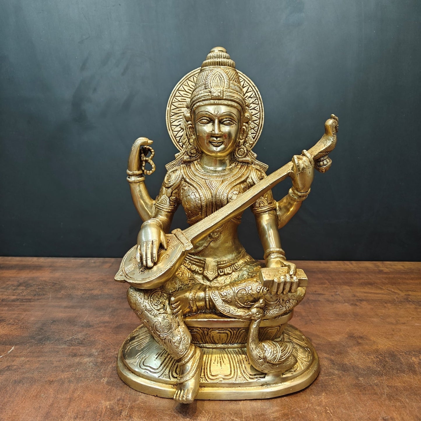 Brass Goddess Saraswati Idol Playing With Veena 15 Inches