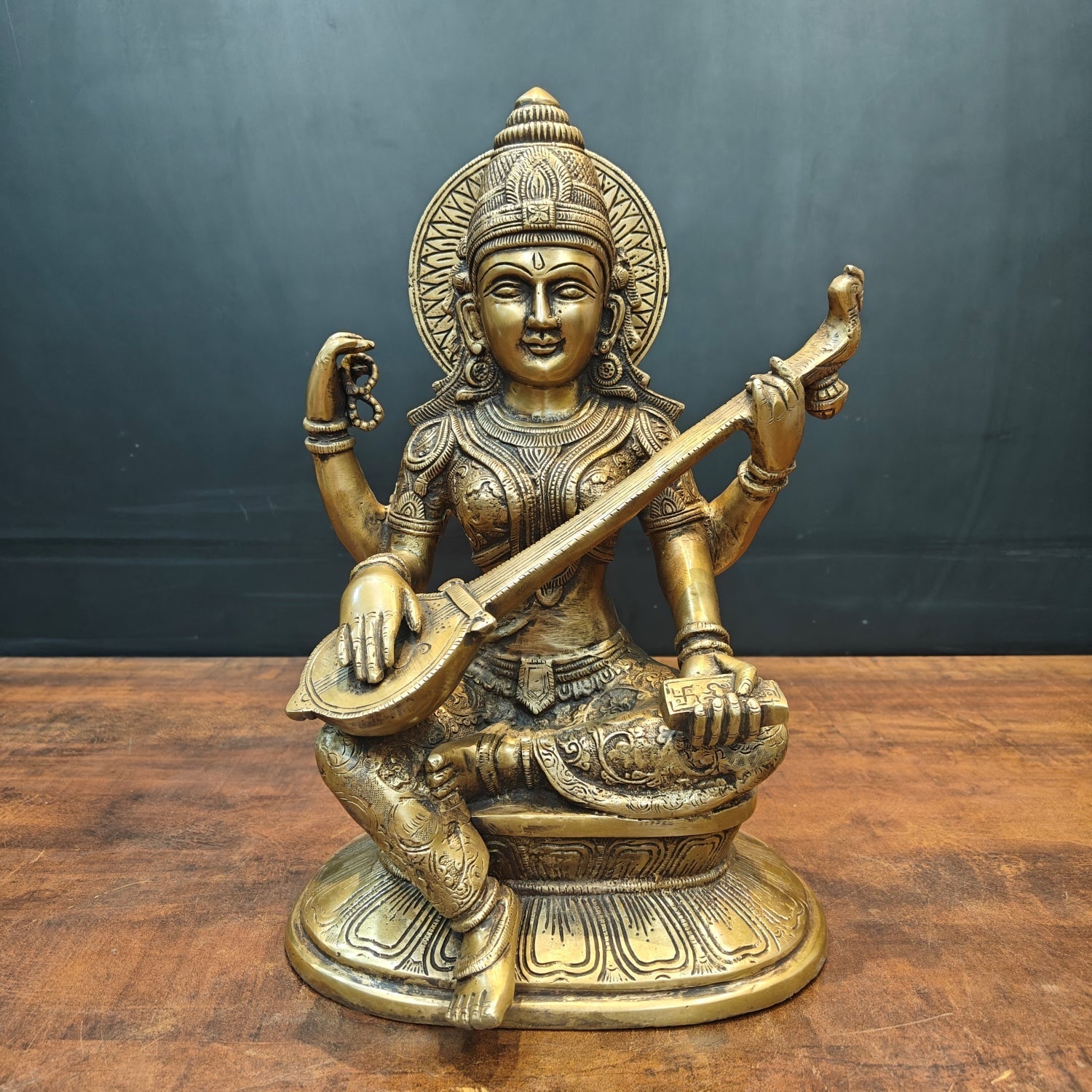 Brass Goddess Saraswati Idol Playing With Veena Antique Finish 15 Inch - Eco-friendly - Sama Homes