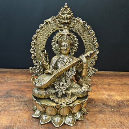 Brass Goddess Saraswati Idol Seated On Lotus 14 Inch by vendor-unknown - Hindu Gods