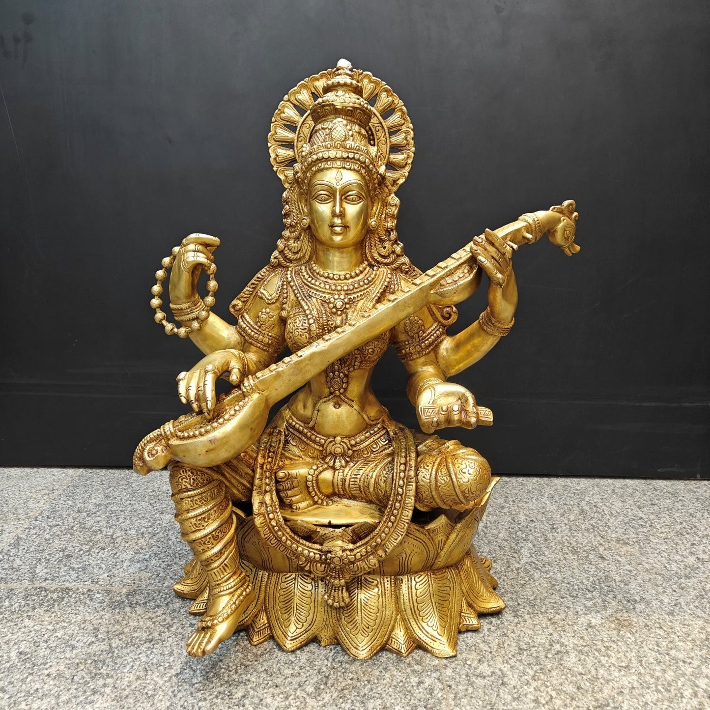 Brass Goddess Saraswati Idol Seated On Lotus 27 Inches