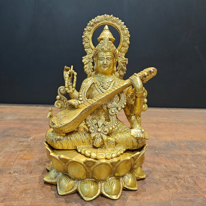 Brass Goddess Saraswati Idol Sitting On Lotus Base 1 Feet by vendor-unknown - Hindu Gods