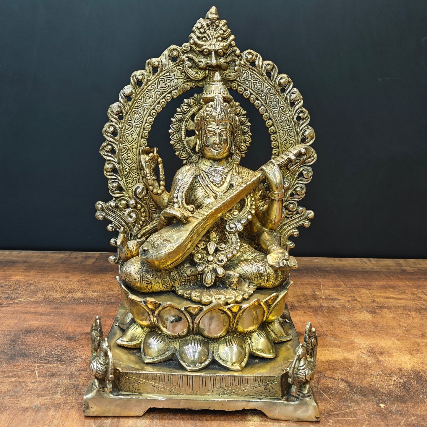 Brass Goddess Saraswati Idol Sitting On Lotus Pedastal 16 Inches
