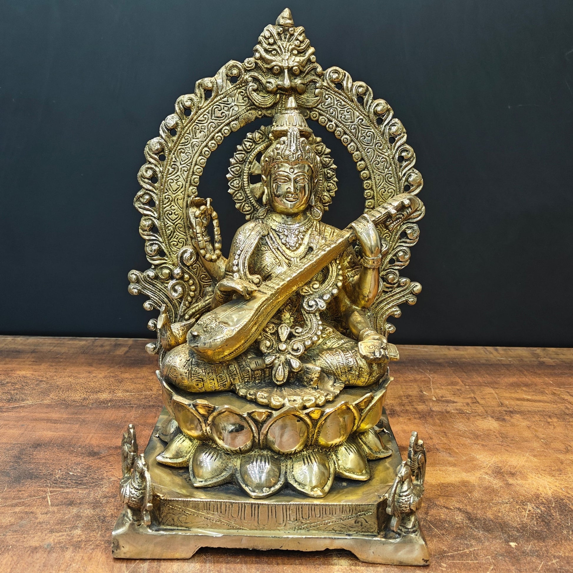 Brass Goddess Saraswati Idol Sitting On Lotus Pedastal 16 Inches - Eco-friendly - Sama Homes