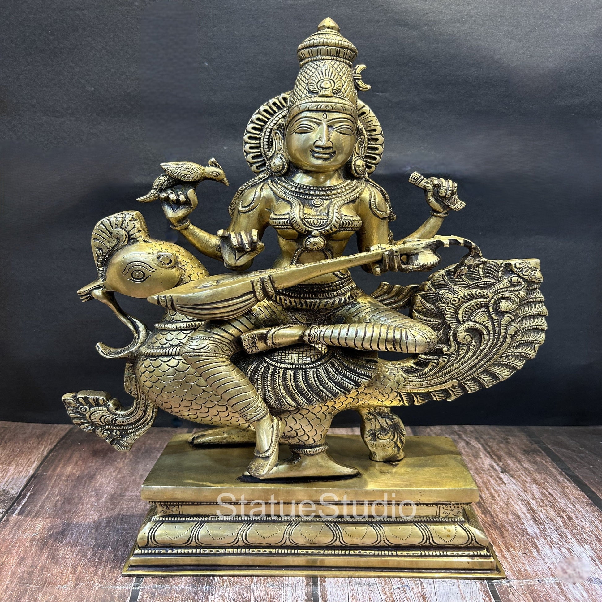 Brass Goddess Saraswati On Swan Playing Veena Antique Finish For Home Decor 19" - Eco-friendly - Sama Homes