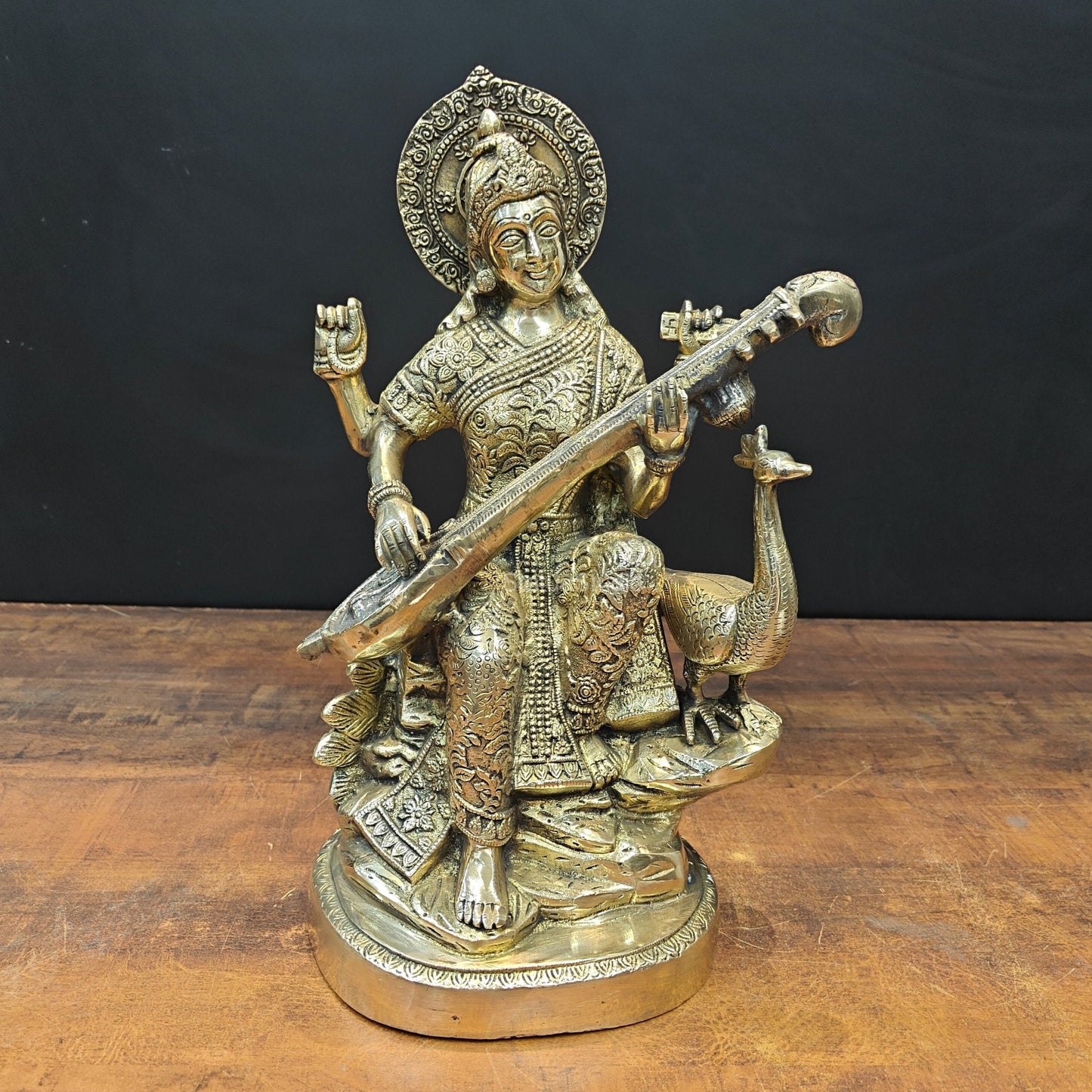 Brass Goddess Saraswati Statue Playing Veena 15 Inches