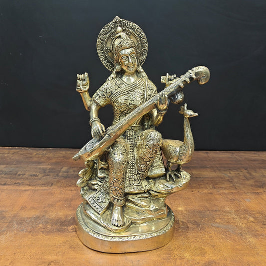 Brass Goddess Saraswati Statue Playing Veena 15 Inches