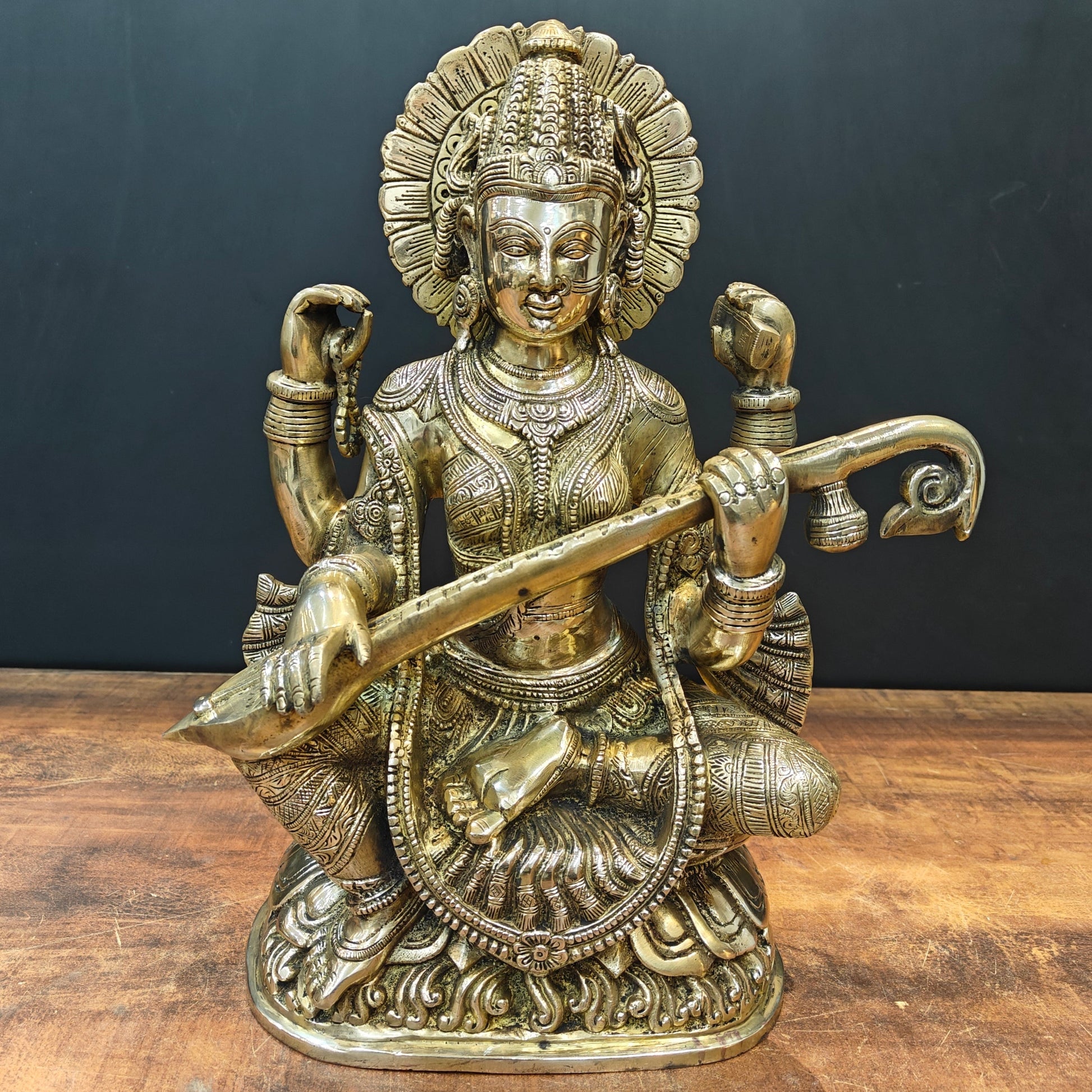 Brass Goddess Saraswati Statue Playing Veena 16 Inch - Eco-friendly - Sama Homes