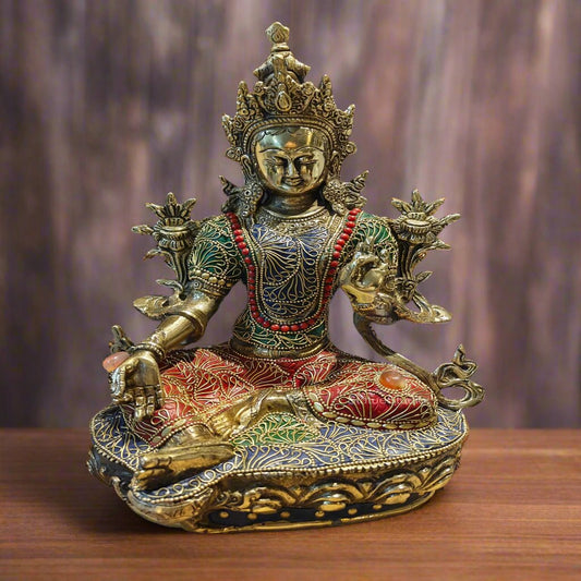 Brass Green Tara Devi Statue Sitting On Base With Stone Work 13 Inches