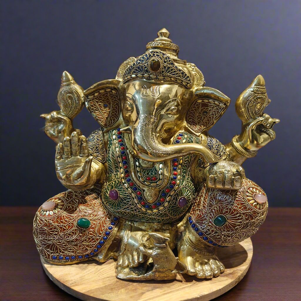 Brass Handcrafted Aashirwad Ganapati Idol With Stone Work 14 Inches - Eco-friendly - Sama Homes