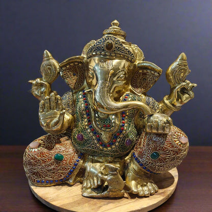 Brass Handcrafted Aashirwad Ganapati Idol With Stone Work 14 Inches by vendor-unknown - Hindu Gods