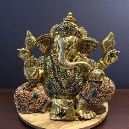 Brass Handcrafted Aashirwad Ganapati Idol With Stone Work 14 Inches