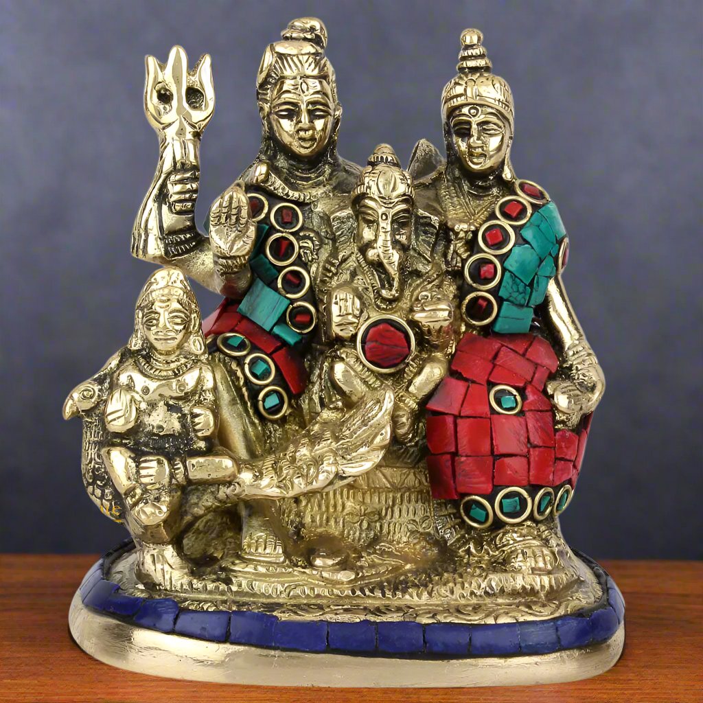 Brass Handmade Lord Shiva Parivar Idol With Stone Work 5 Inch - Eco-friendly - Sama Homes