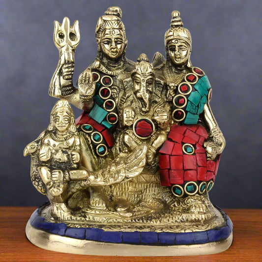 Brass Handmade Lord Shiva Parivar Idol With Stone Work 5 Inch