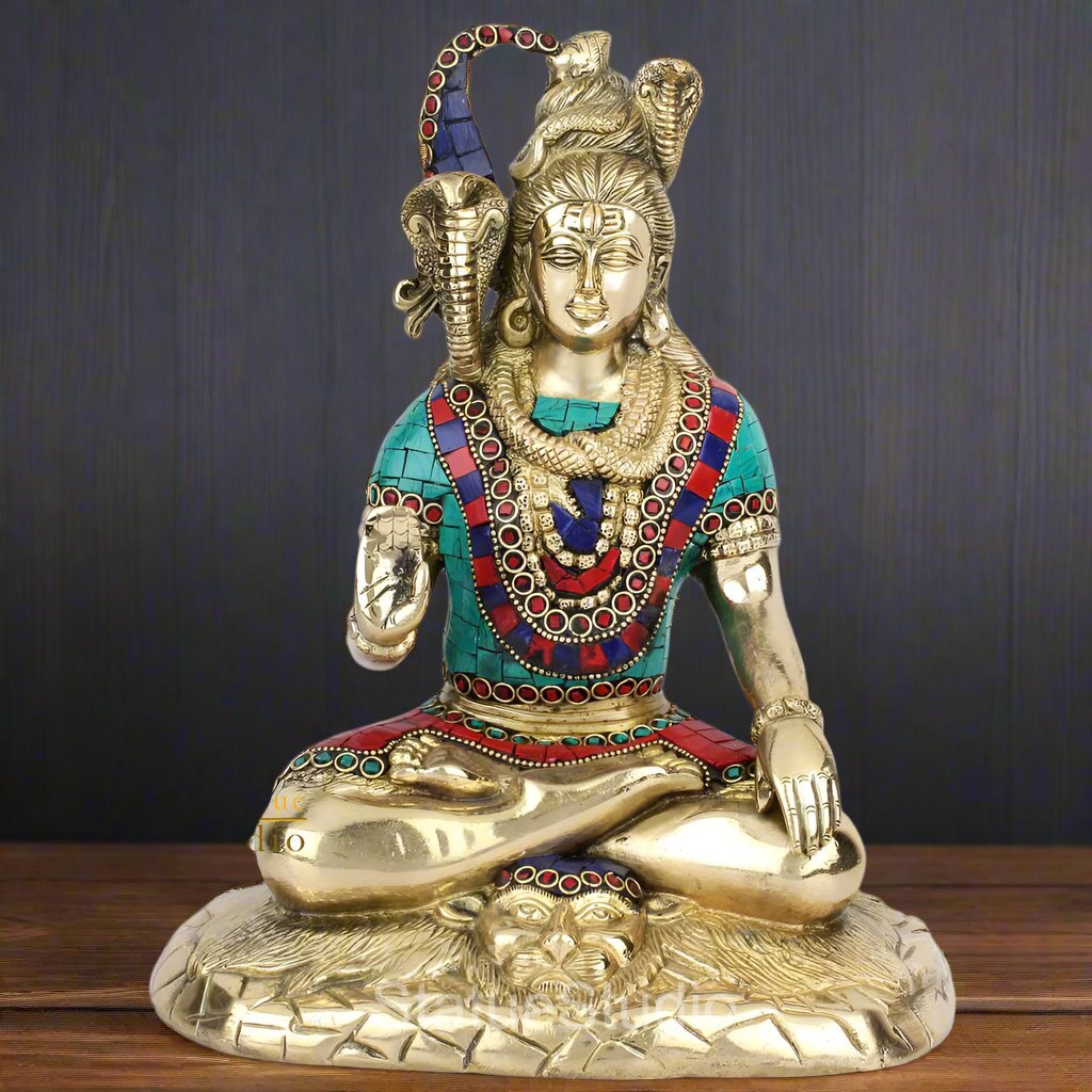 Brass Handmade Lord Shiva Statue Stone Work 1 Feet - Eco-friendly - Sama Homes