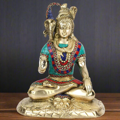 Brass Handmade Lord Shiva Statue Stone Work 1 Feet by vendor-unknown - Hindu Gods