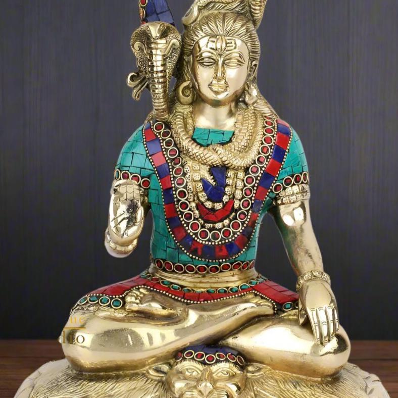 Brass Handmade Lord Shiva Statue Stone Work 1 Feet - Image 2