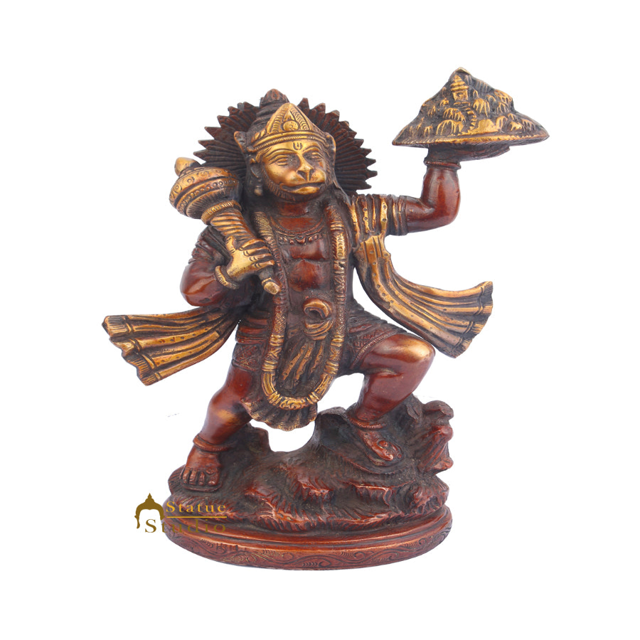 Brass Hanuman Idol Carrying Hill Antique Finish For Home Decor 10" - Eco-friendly - Sama Homes