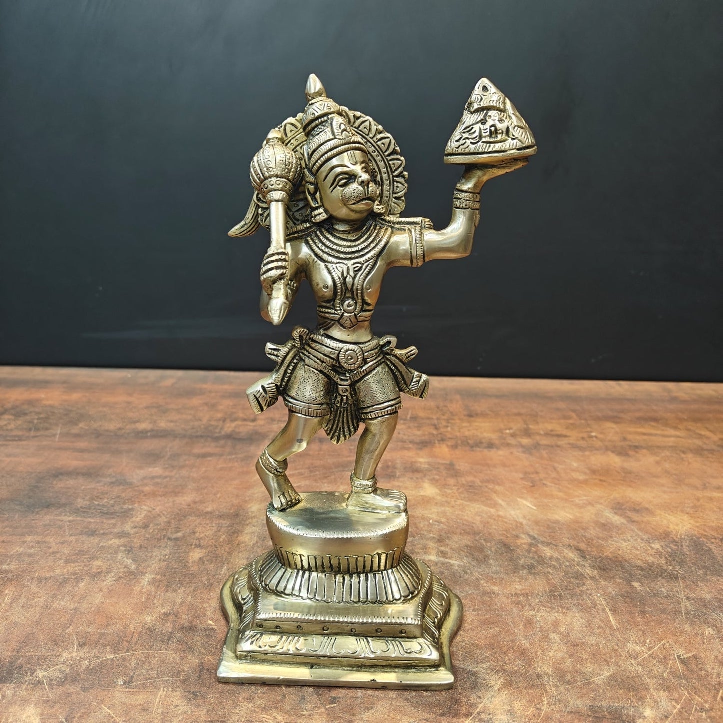 Brass Hanuman Idol Carrying Mountain 10 Inch