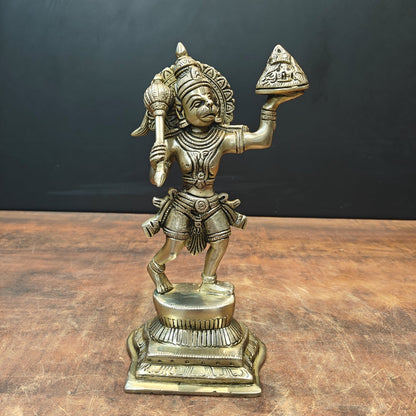 Brass Hanuman Idol Carrying Mountain 10 Inch by vendor-unknown - Hindu Gods