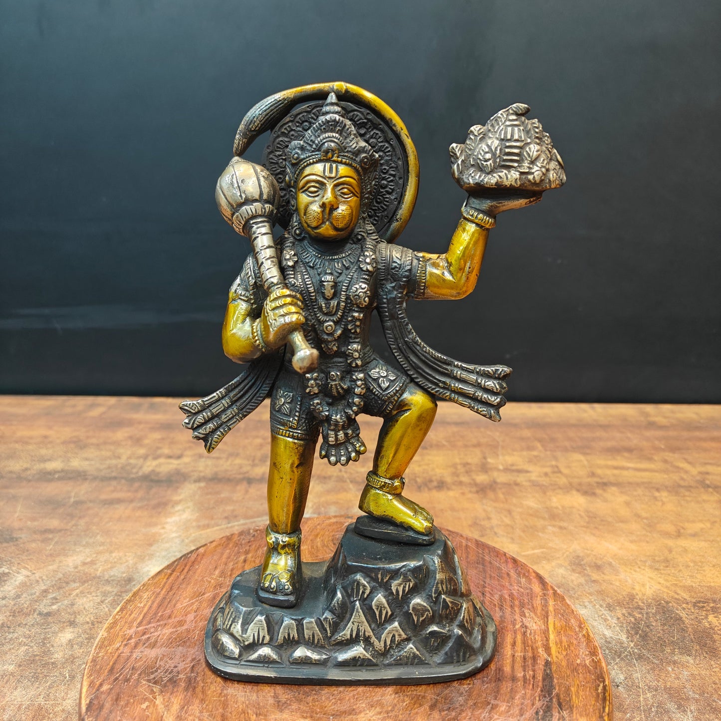 Brass Hanuman Idol Carrying Mountain Antique Finish 9"