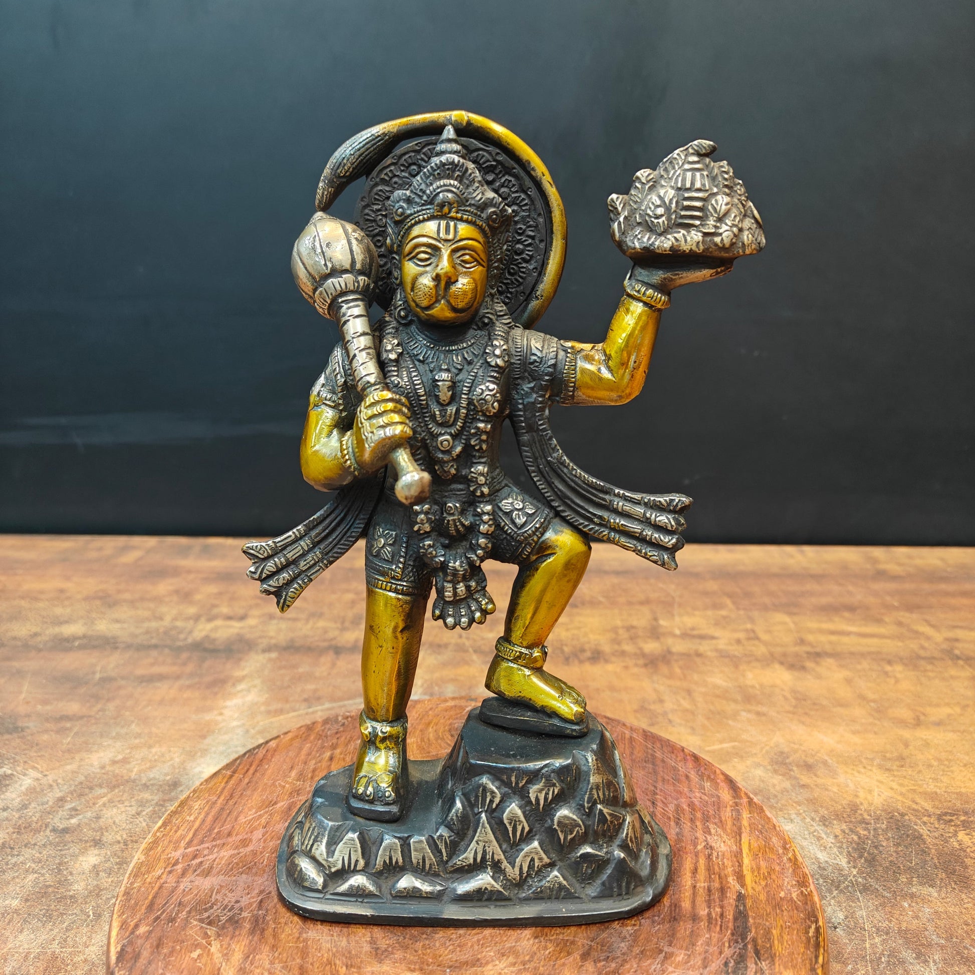 Brass Hanuman Idol Carrying Mountain Antique Finish 9" - Eco-friendly - Sama Homes