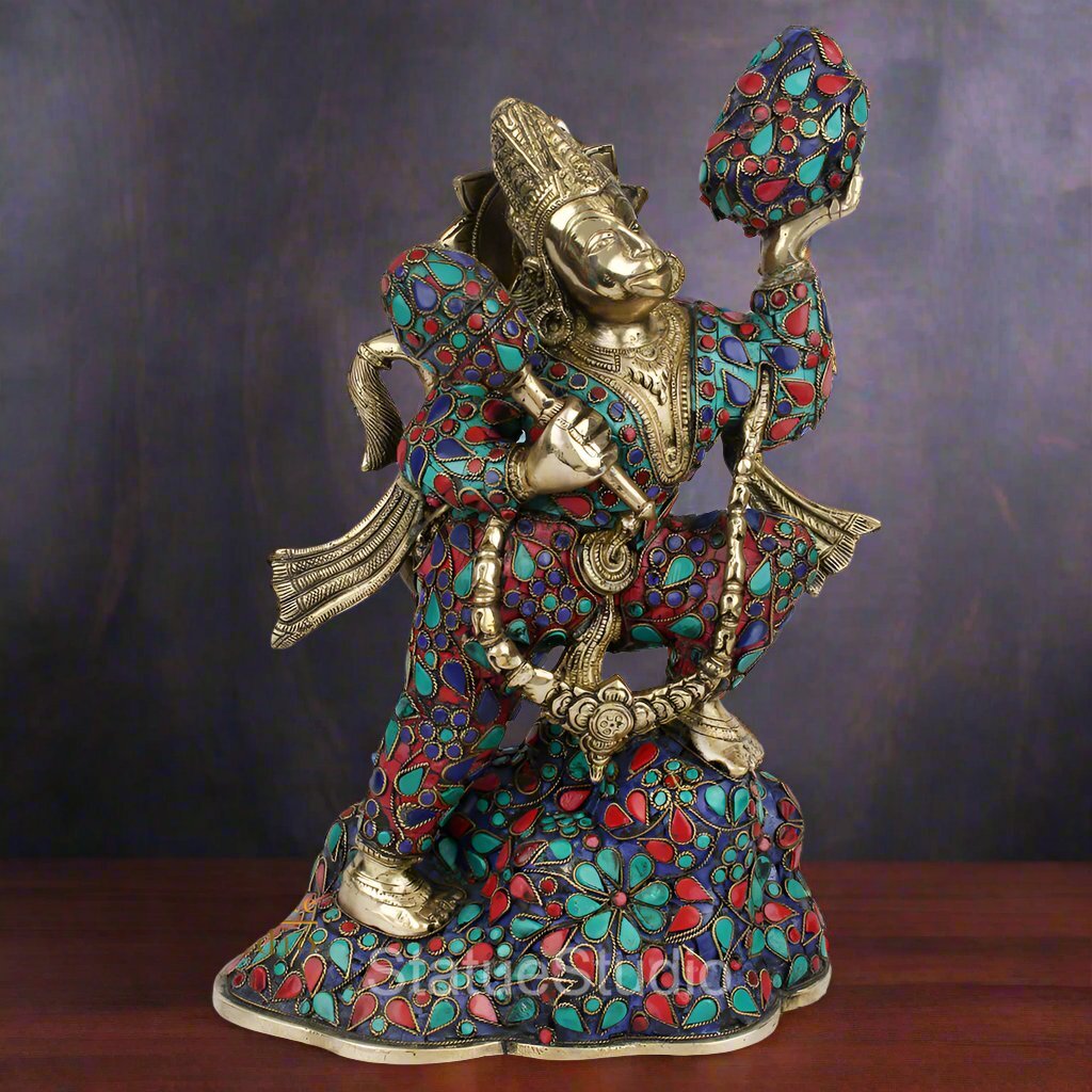 Brass Hanuman Idol Carrying Mountain Exclusive Stone Work For Home Decor 1 Feet - Eco-friendly - Sama Homes