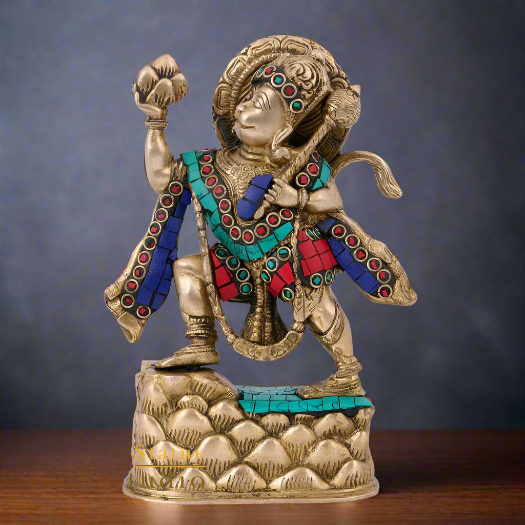 Brass Hanuman Idol Carrying Mountain Statue For Home Temple Décor Gift 7" - Eco-friendly - Sama Homes