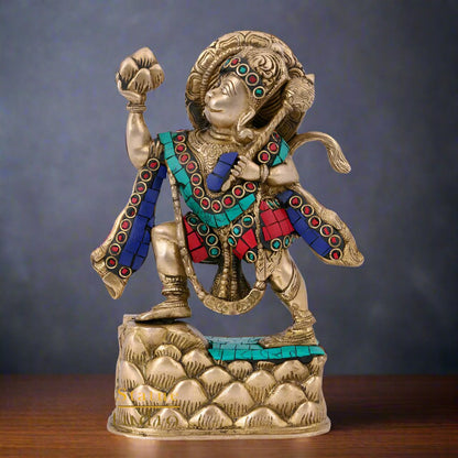 Brass Hanuman Idol Carrying Mountain Statue For Home Temple Décor Gift 7" by vendor-unknown - Hindu Gods