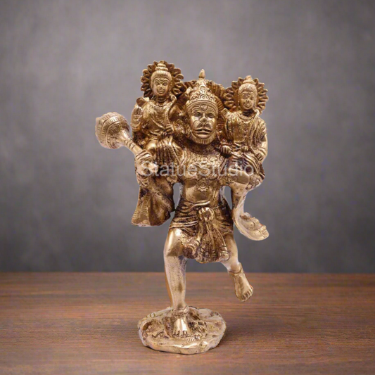Brass Hanuman Idol Carrying Rama Laxman Rare Religious for Home Décor 7"