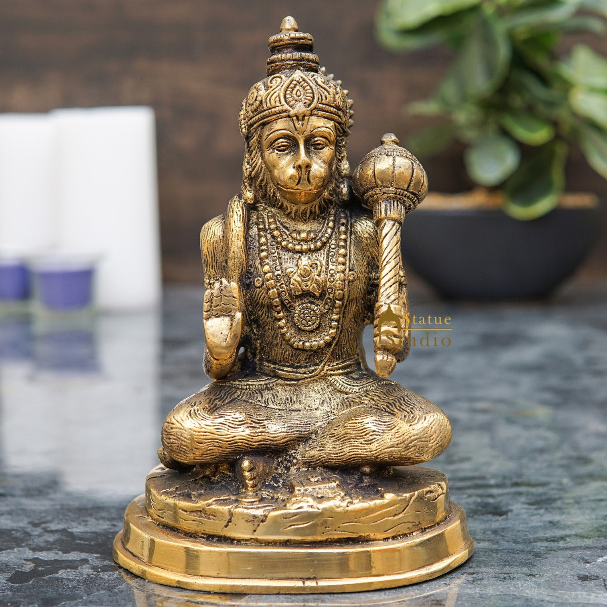 Brass Hanuman Statue Antique Finish For Home Pooja Room Decor 7 Inch - Eco-friendly - Sama Homes
