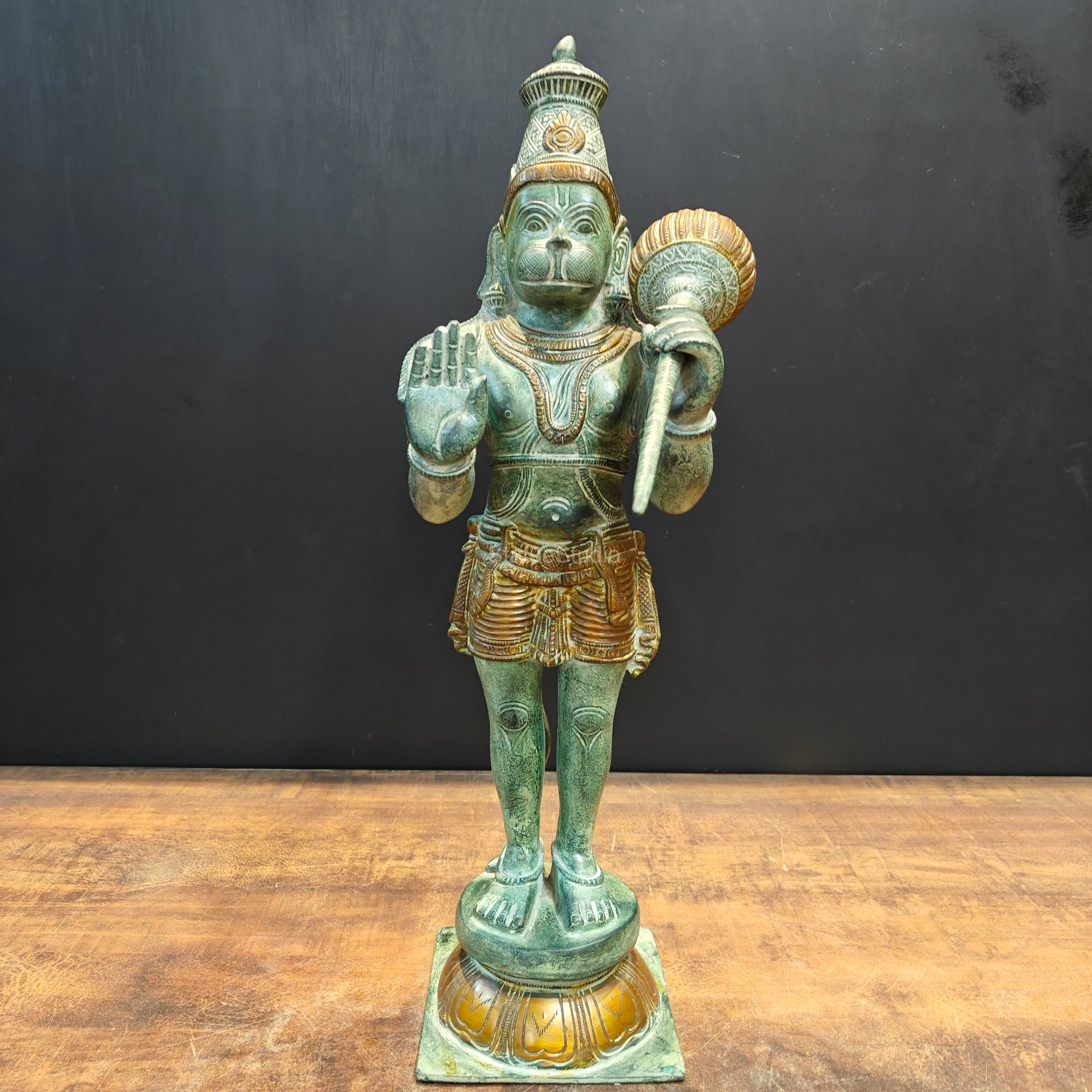 Brass Hanuman Statue Blessing Mudra Antique Patina Finish 22 Inches - Eco-friendly - Sama Homes