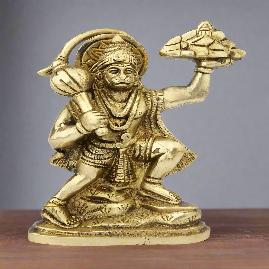 Brass Hanuman Statue Carrying Mountain For Home Decor Showpiece 7" - Eco-friendly - Sama Homes