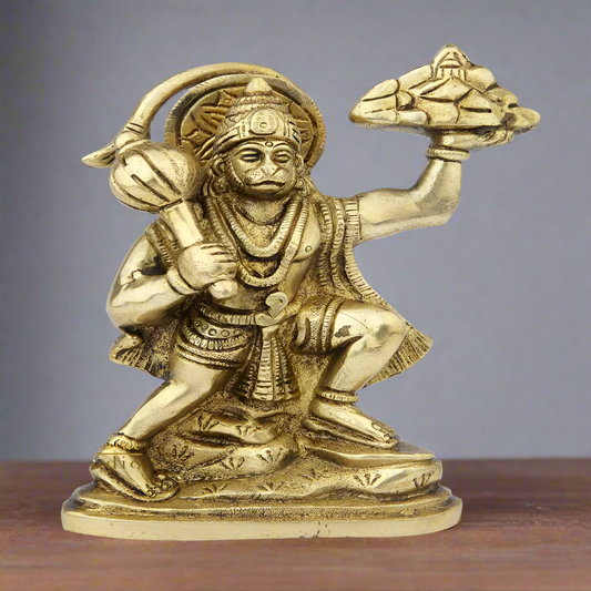 Brass Hanuman Statue Carrying Mountain For Home Decor Showpiece 7"