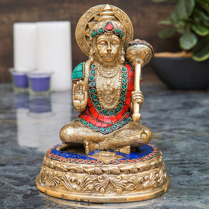 Brass Hanuman Statue With Stone Work 7 Inch by vendor-unknown - Hindu Gods