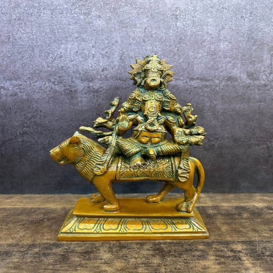 Brass Heramba Ganesha Statue Seated on Lion Copper Patina Finish 9"