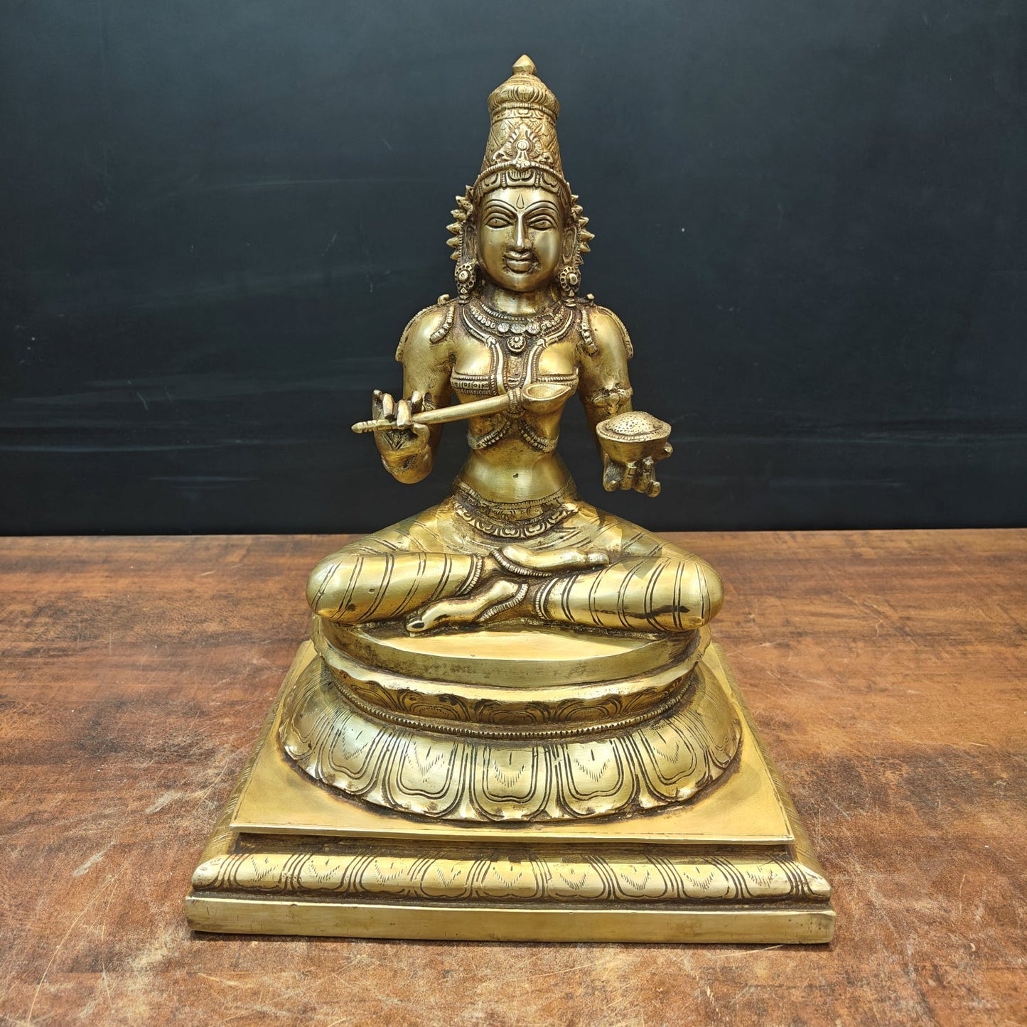 Brass Hindu Goddess Annapurna Maa Idol Seated on Pedestal 16 Inches