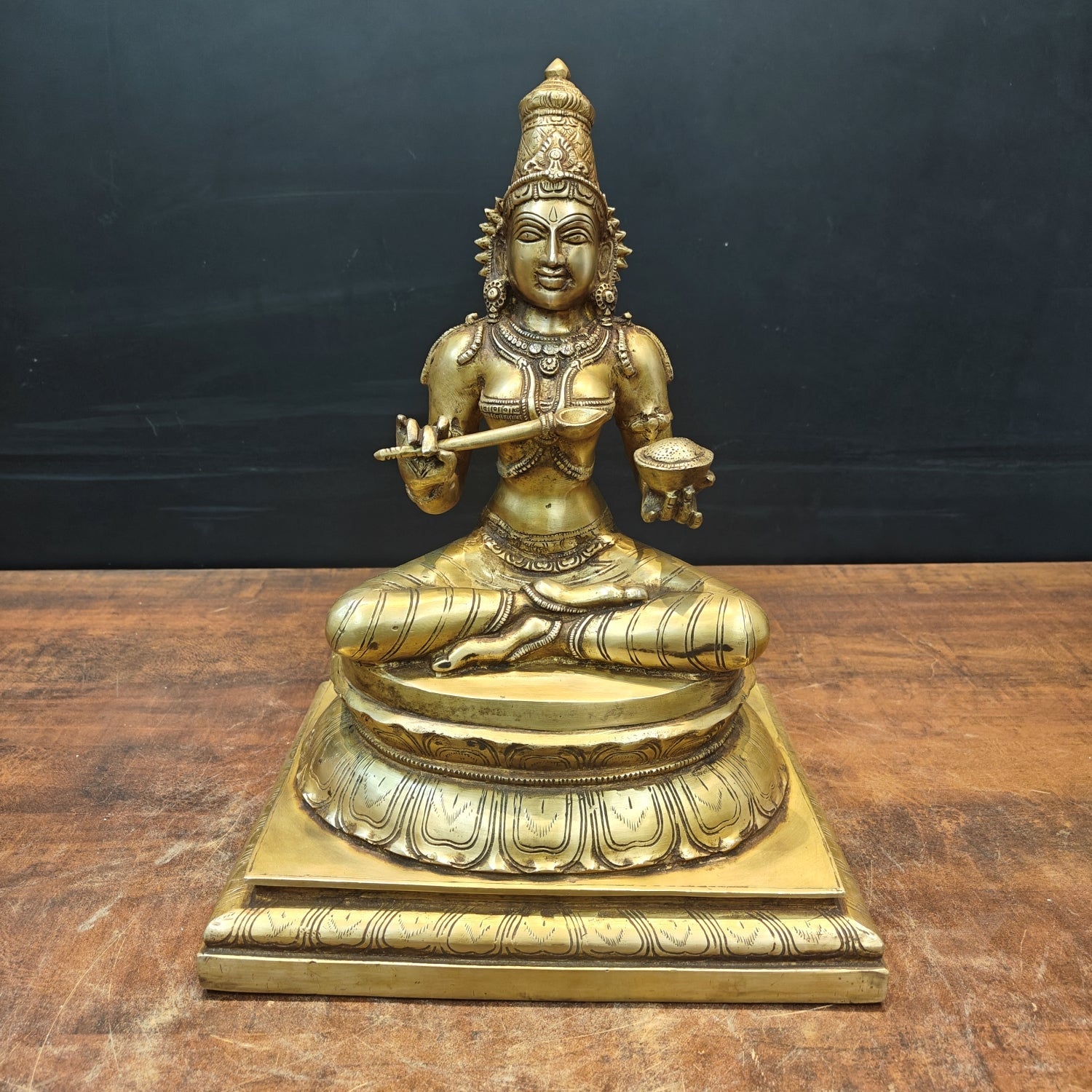 Brass Hindu Goddess Annapurna Maa Idol Seated on Pedestal 16 Inches - Eco-friendly - Sama Homes