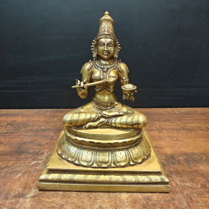 Brass Hindu Goddess Annapurna Maa Idol Seated on Pedestal 16 Inches by vendor-unknown - Hindu Gods