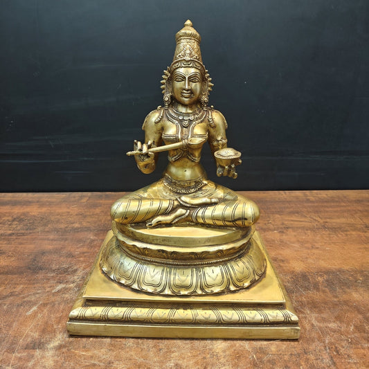 Brass Hindu Goddess Annapurna Maa Idol Seated on Pedestal 16 Inches