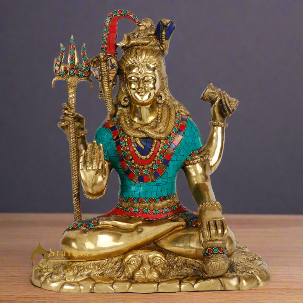 Brass Hindu Mahayogi Lord Shiva Statue Fine Temple Home Décor Inlay Idol 15" - Eco-friendly - Sama Homes
