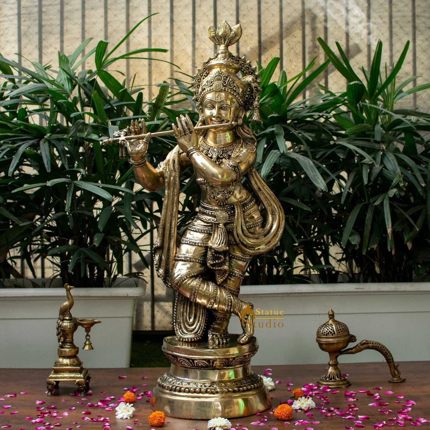 Brass Indian Hindu God Pure Divine Lord Tribhangi Krishna Fluting Statue 3 Feet