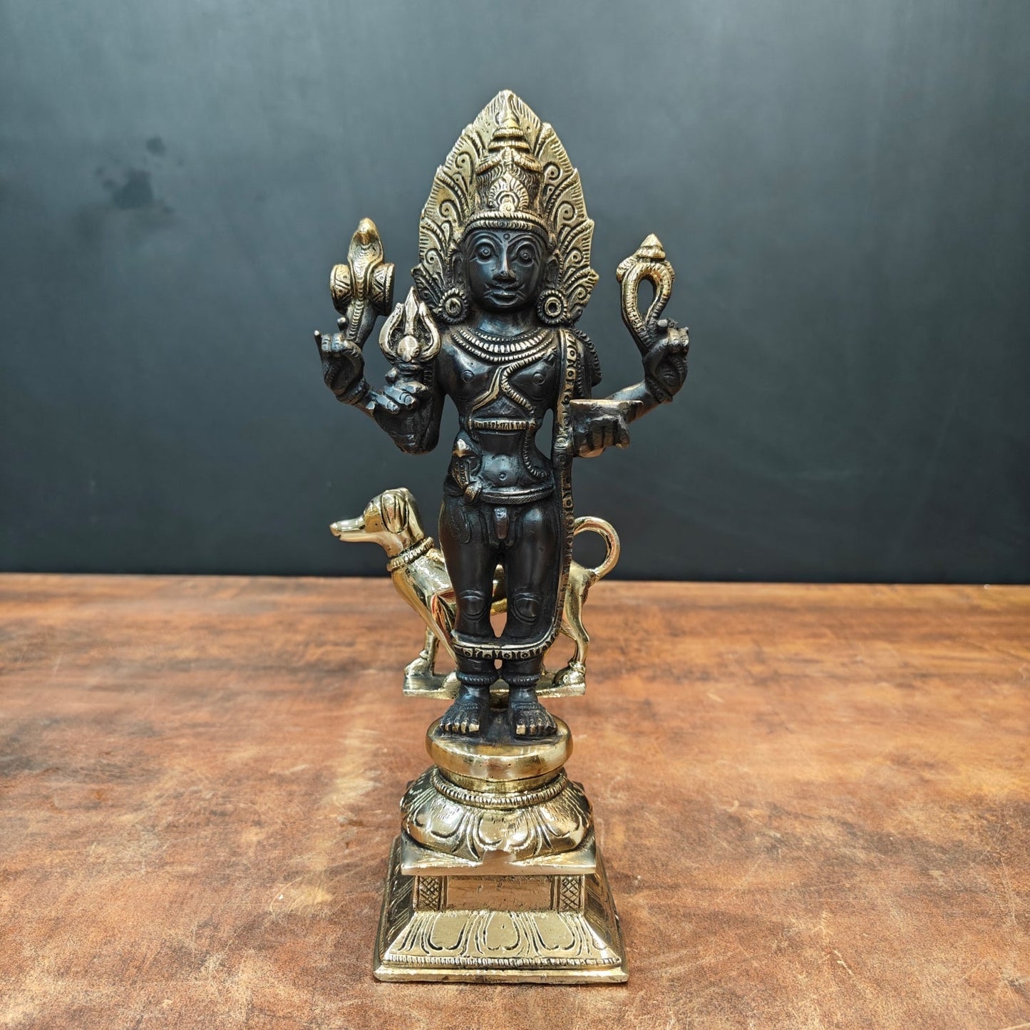 Brass Kaal Bhairava Statue With Dog Black Gold Finish 11 Inches
