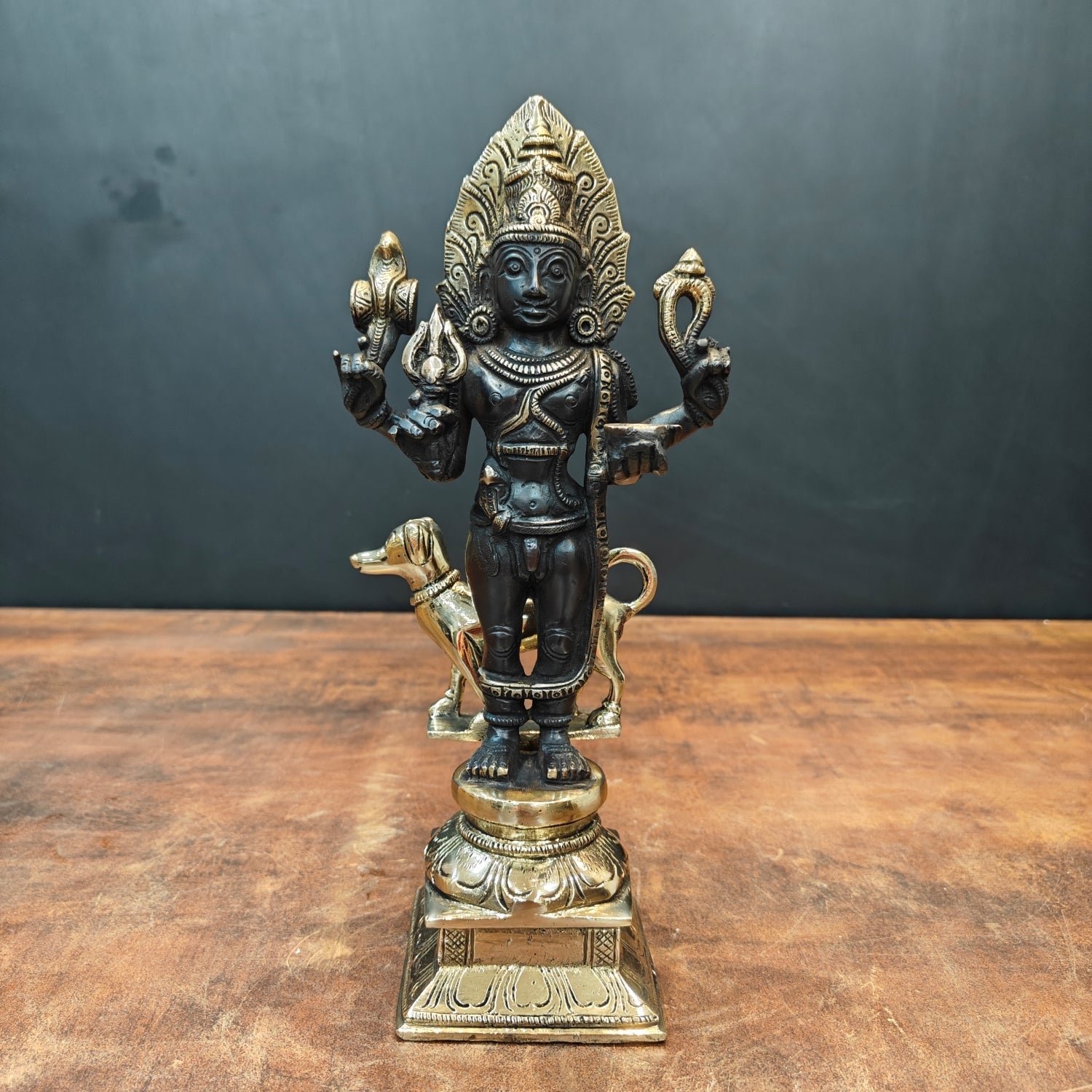 Brass Kaal Bhairava Statue With Dog Black Gold Finish 11 Inches - Eco-friendly - Sama Homes