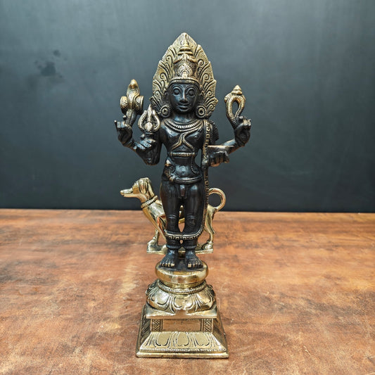 Brass Kaal Bhairava Statue With Dog Black Gold Finish 11 Inches